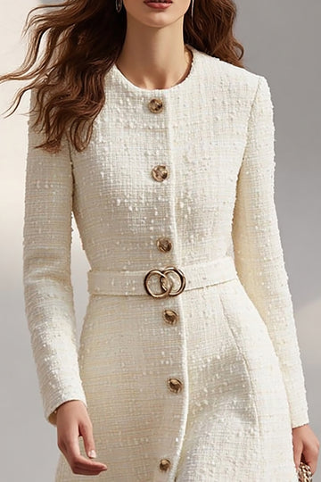 Ivory Tweed A-Line Round Neck Business Casual Dress With Belt